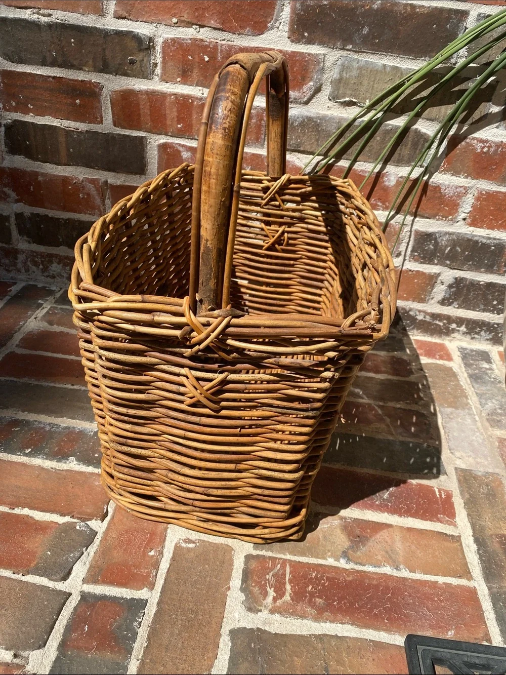 Vintage Woven Rattan Gathering Basket with Bamboo Handle in Natural Brown